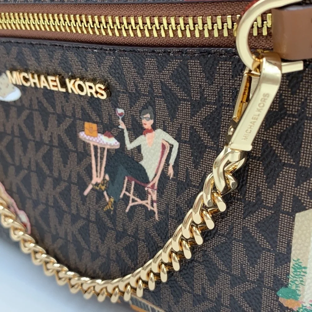 MICHAEL KORS JET SET GIRLS LARGE EAST WEST ZIP PACKED CHAIN XBODY BROWN MULTI